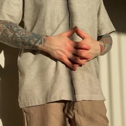 Clearance Nero Marco Herre Kortærmet skjorte i hørmix - Sand