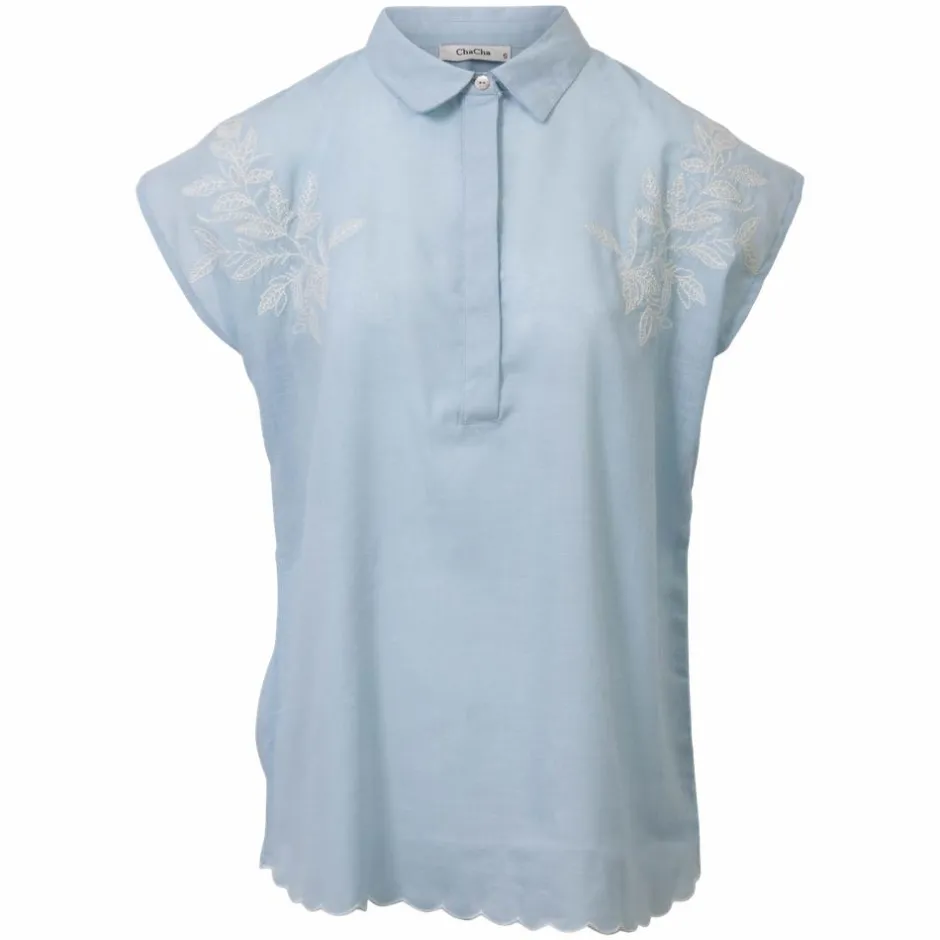 Sale ZbyZ Dame Kortærmet skjorte i hørmix Plus Size - Denim Light Blue